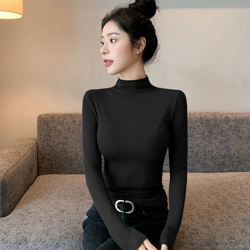 【螺纹棉】半高领长袖女士打底衫春秋冬季时尚修身显瘦气质百搭上衣