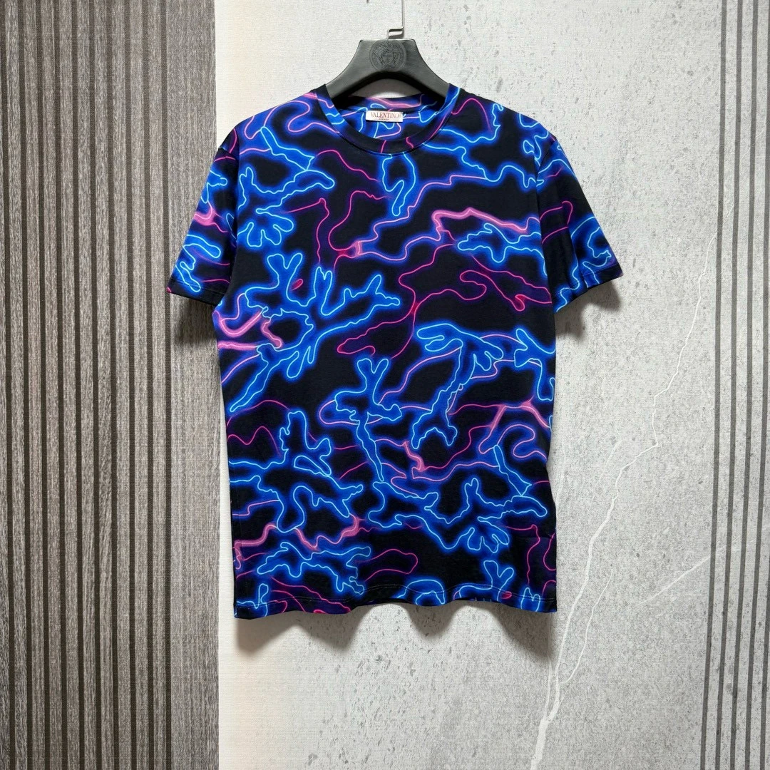 未使用 Valentino/华伦天奴 迷彩灯光纹饰蓝色圆领休闲短袖