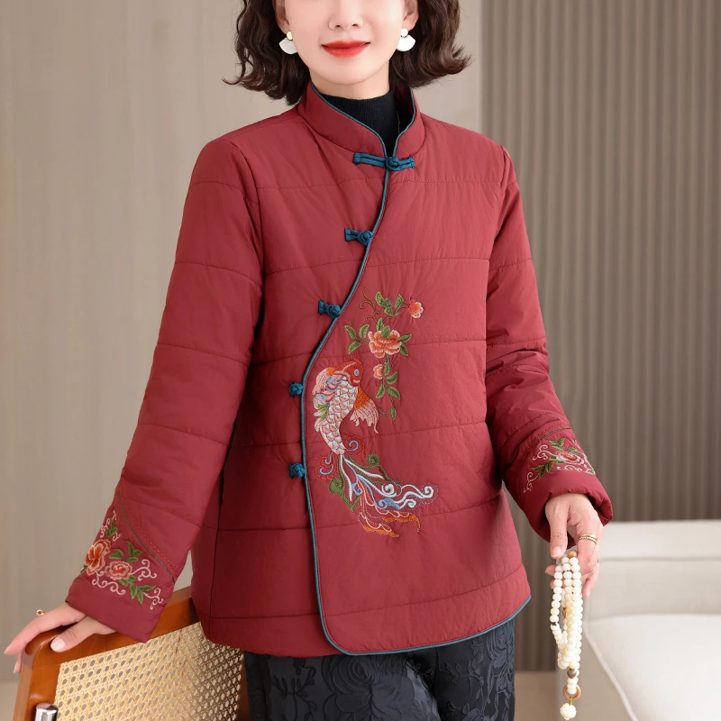 妈妈装秋冬季棉衣女洋气中老年中国风外套中长款轻薄保暖上衣棉服