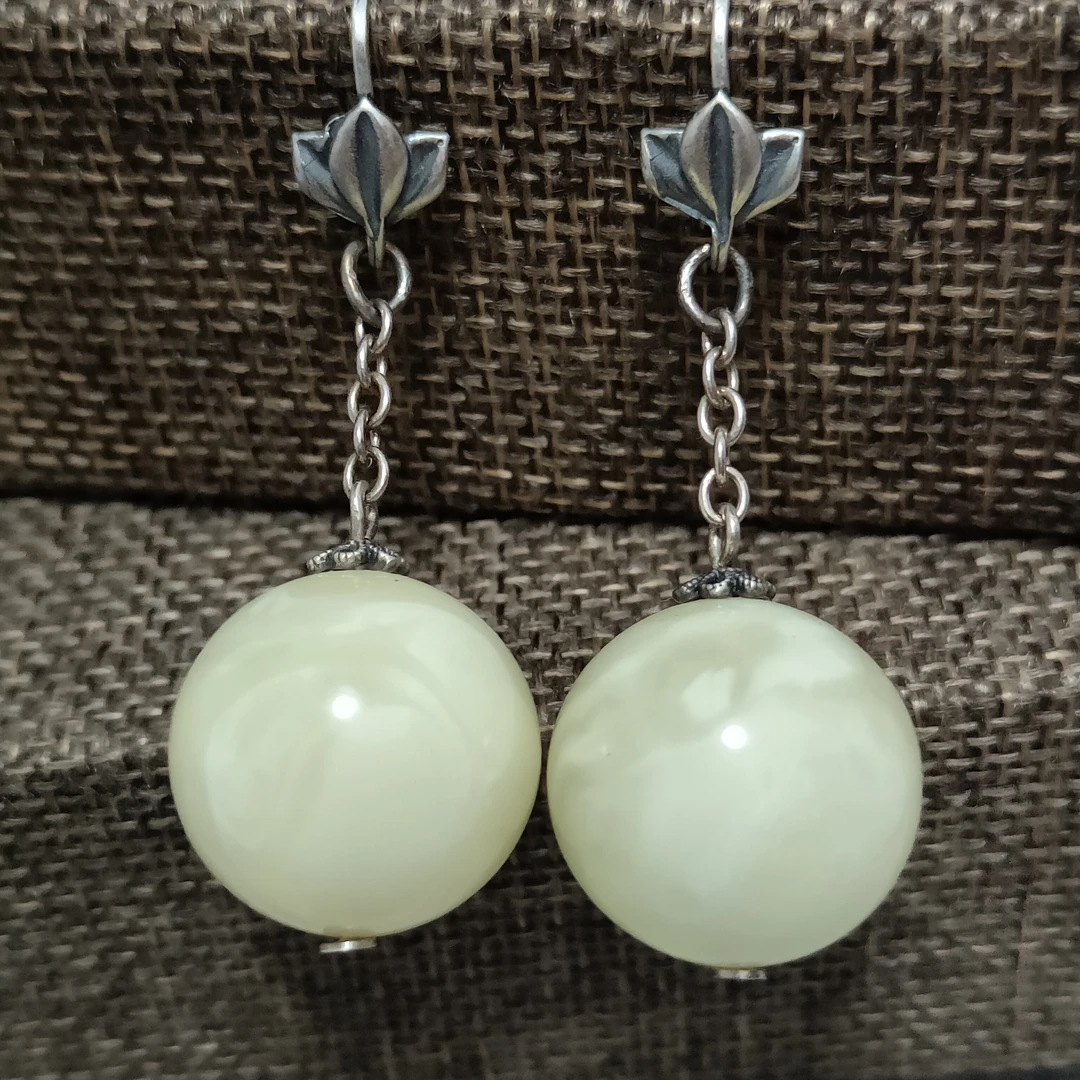 通体S925银镶嵌天然白蜜复古重工20毫米左右珠子精美时尚大耳坠