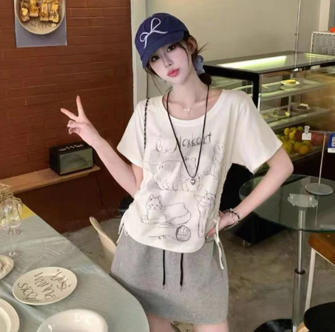 60221-2025年春夏新款时尚洋气减龄显瘦猫咪T恤+半身裙两件套