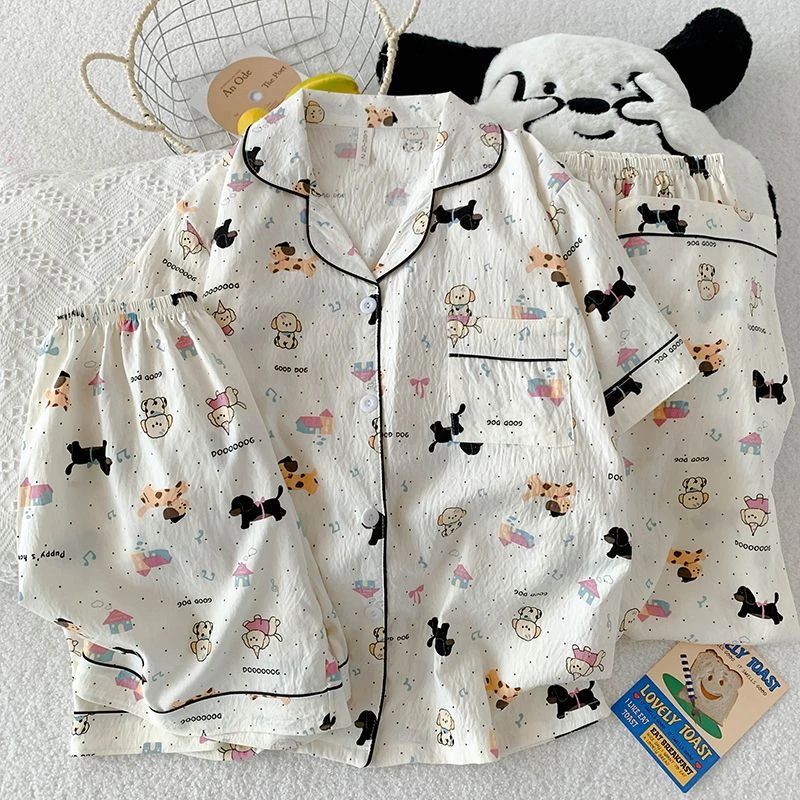 芯语婷夏季新款波点腊肠狗云朵泡泡纱三件套睡衣卡通ins家居服