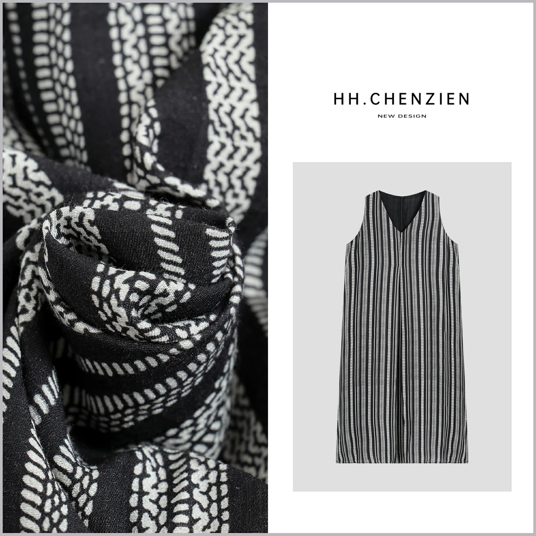 【黑黑家】夏季新款V领条纹印花设计净版显瘦连衣裙