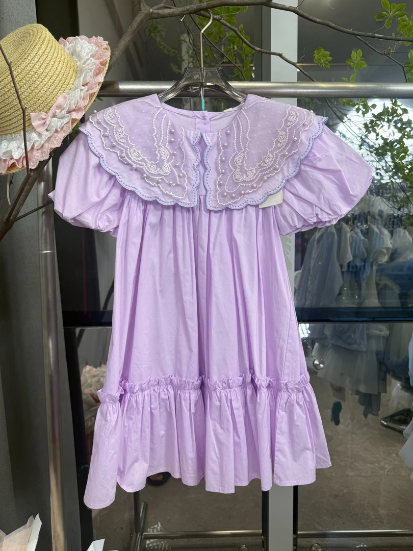 K308 纯色女碎花短袖大摆型公主连衣裙蓝色刺绣女孩裙子