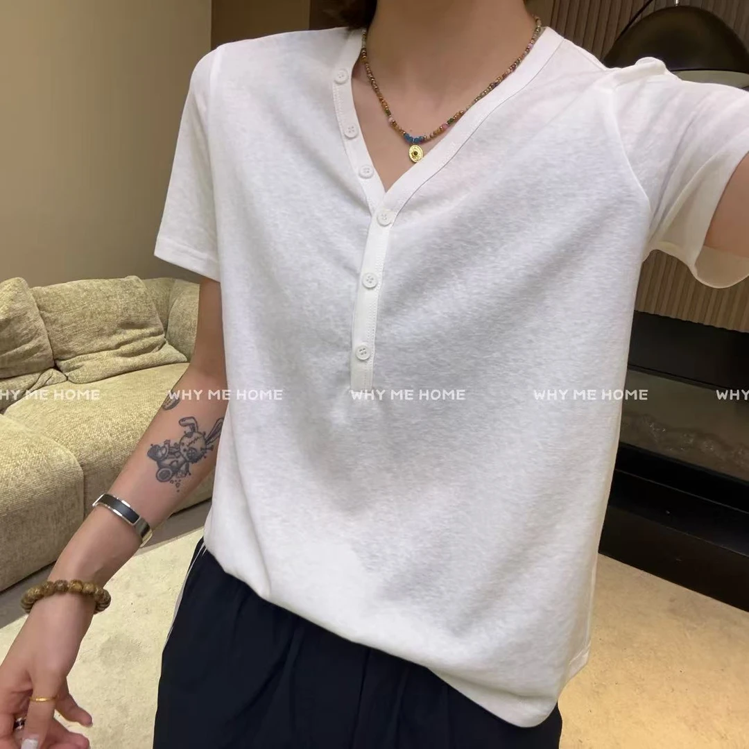 【v领扣子T】极简风V领宽松显瘦短袖T恤251139