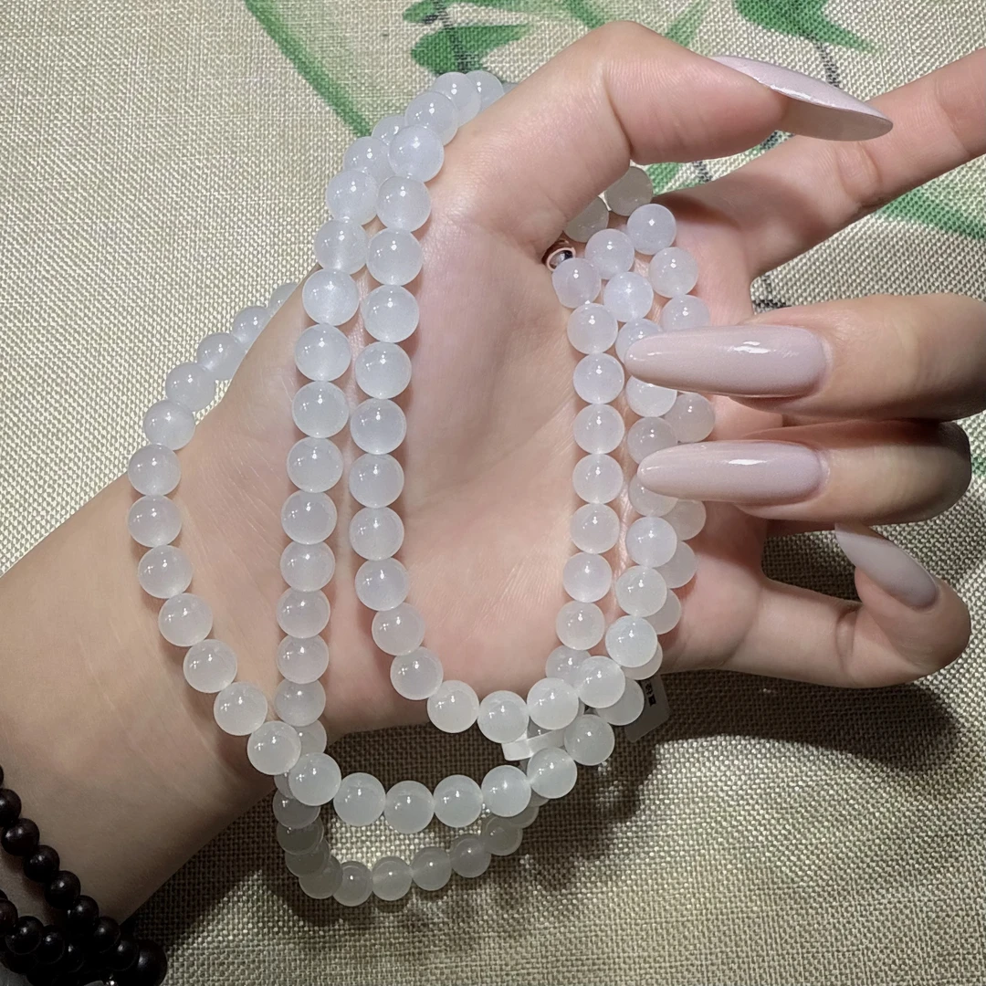 收藏级！和田玉108白冰起猫眼多圈手串