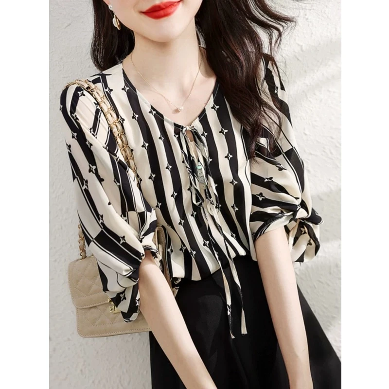 法式轻奢系带V领撞色雪纺衬衣夏季设计感百搭袖口上衣SY-027