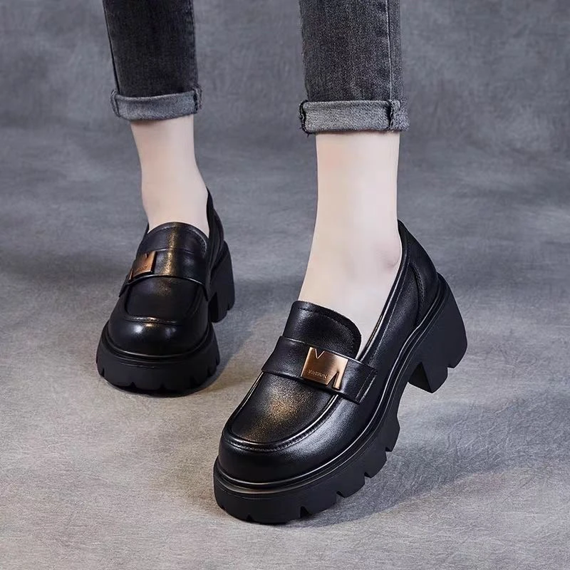 品牌粗跟厚底时尚舒适夏季女款软底乐福鞋轻便百搭单鞋