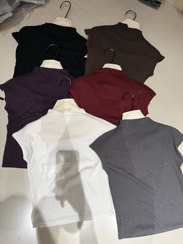 LANSE2025百搭半高领女士修身上衣立领螺纹短袖T恤