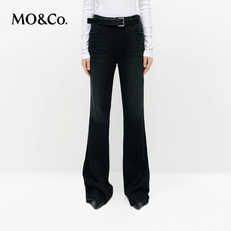 MOCO牛仔裤2025春新品微弹土耳其棉中腰磨白及地微喇裤MBE1JEN011