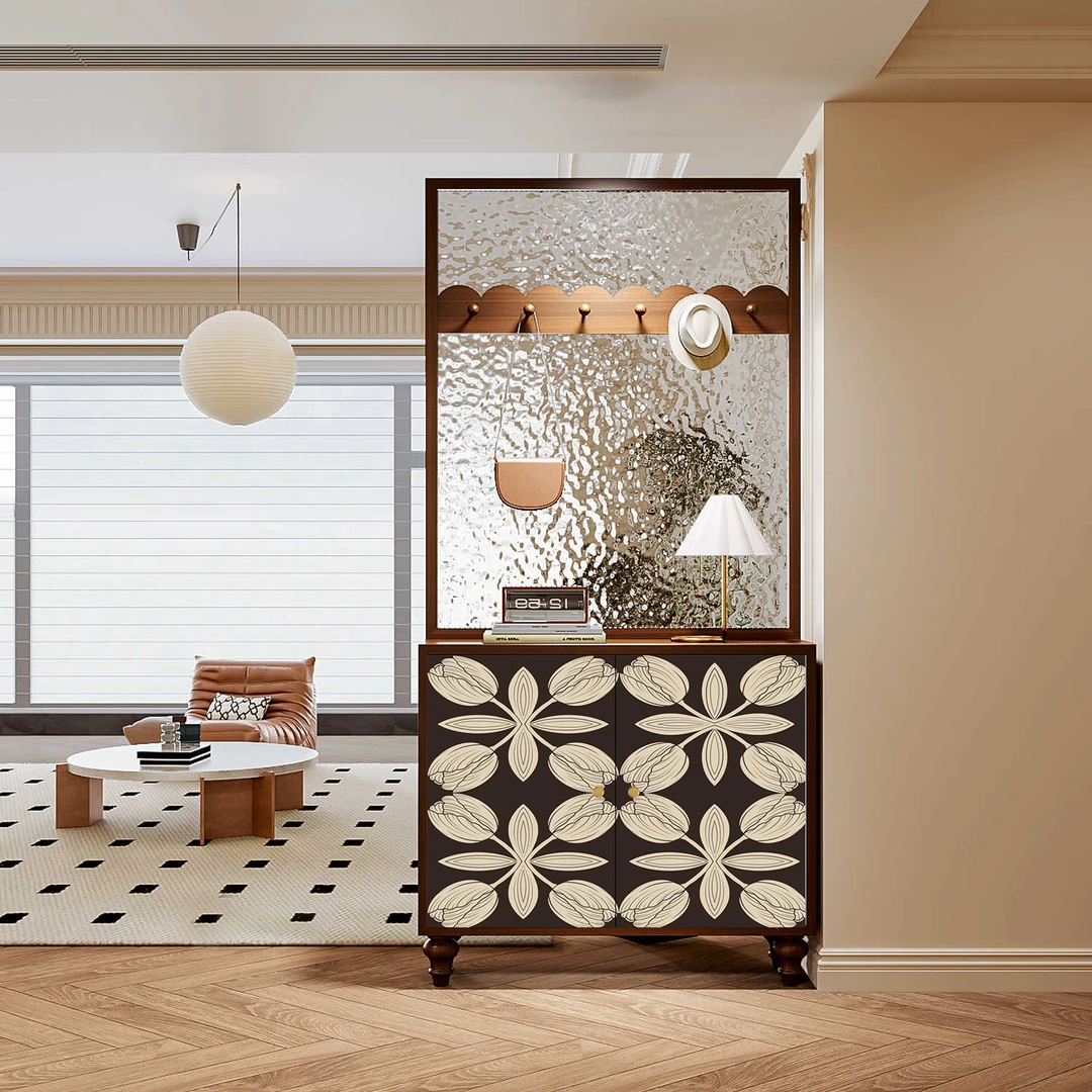 法式复古几何玄关柜实木水纹玻璃入户门屏风隔断客厅收纳储物鞋柜