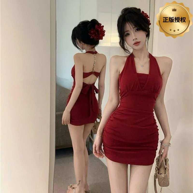 碎花夏季设计感链条吊带绑带开叉气质新款紧身复古性感收腰短裙