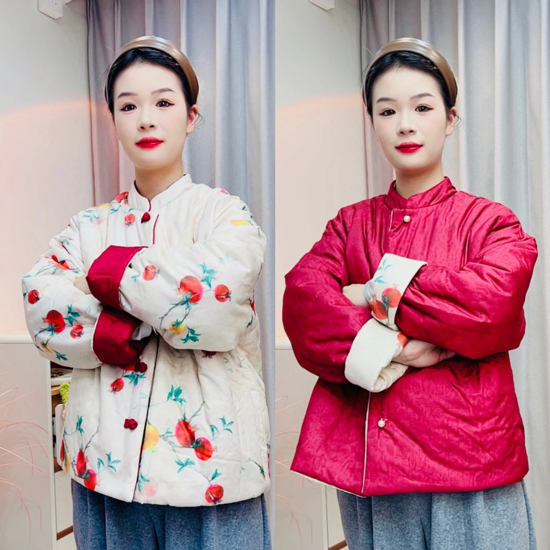 石榴红～双面穿宽松版保暖民族风小棉袄中国风中式盘扣棉服棉袄