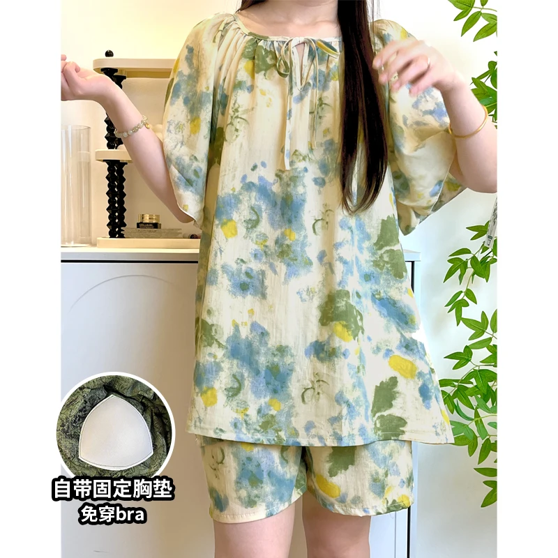 【防凸点带胸垫套装】新款夏季棉绸宽松大码家居服