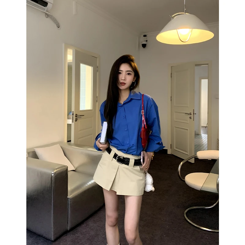 橘子树在哪儿薄款防晒显瘦气质外搭衬衣女春季韩系polo领蓝色衬衫