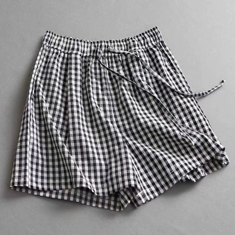 7000夏季新款高腰松紧抽绳泡泡纱格子短裤女