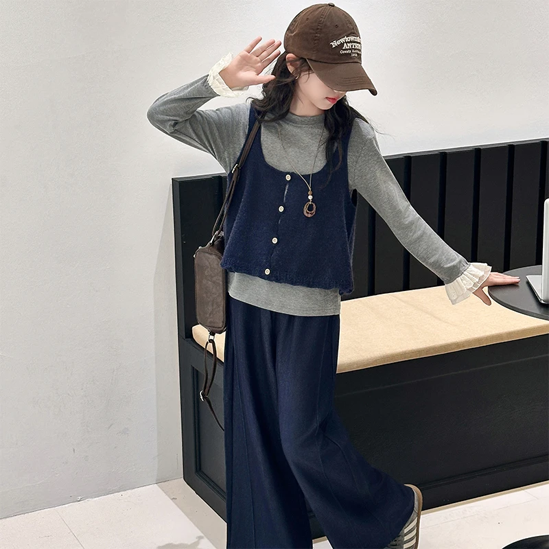 女童春秋款套装2025新款女大童洋气时髦儿童秋装打底衫马甲三件套