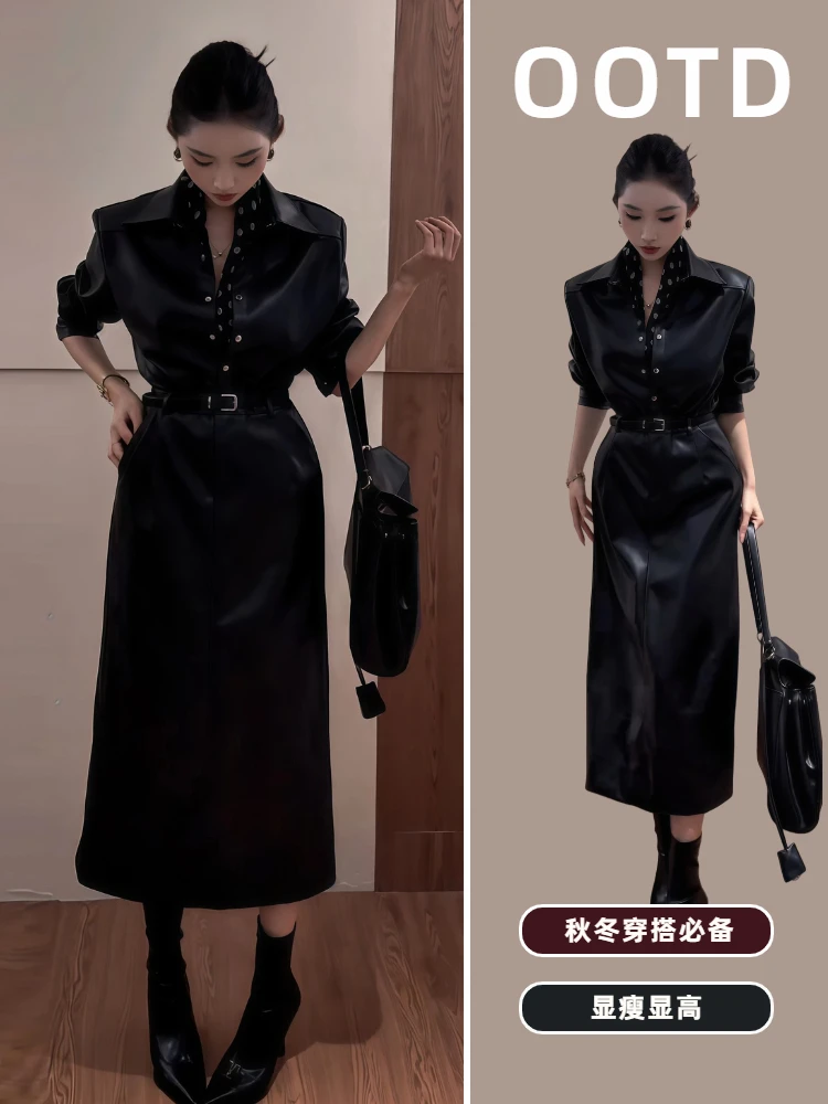 御姐风女装高级感黑色连衣裙女秋冬新款复古小众设计收腰显瘦长裙