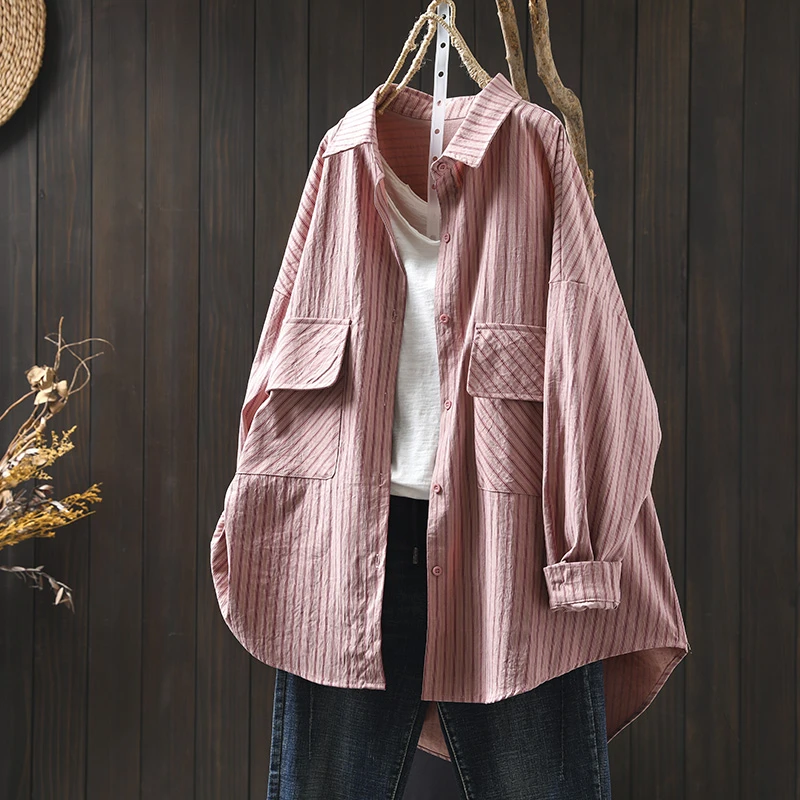 前短后长条纹衬衫外套女中长款宽松大码遮肉2025秋季新款慵懒开衫