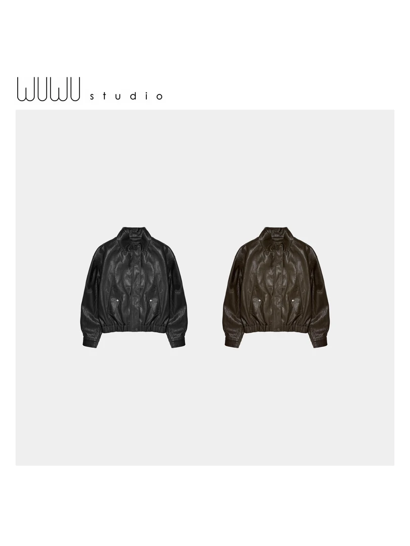WUWU STUDIO【酷爱】小众复古设计感洋气短款亮面皮衣外套3445