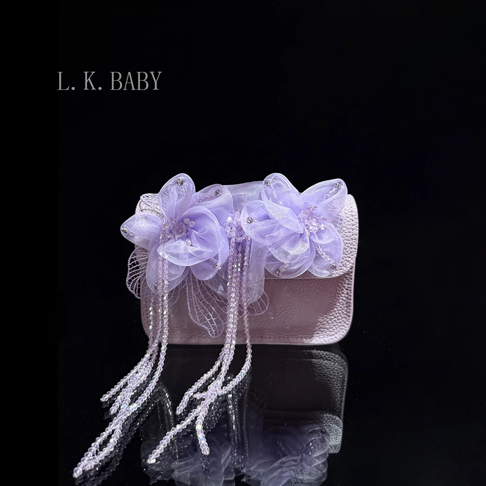 【L.K.BABY】时尚高级纹理串珠流苏花朵搭斜挎手提包