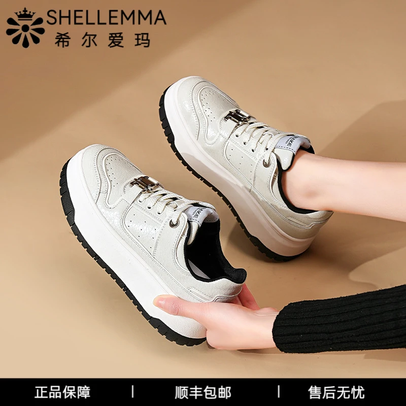 希尔爱玛2025新款明星同款爆裂纹牛皮厚底板鞋春爆款休闲运动女鞋