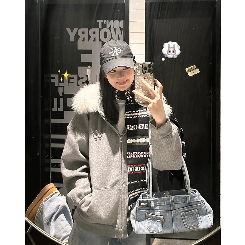 美式高街可拆卸毛领灰色连帽卫衣女冬宽松设计感小众加绒加厚外套