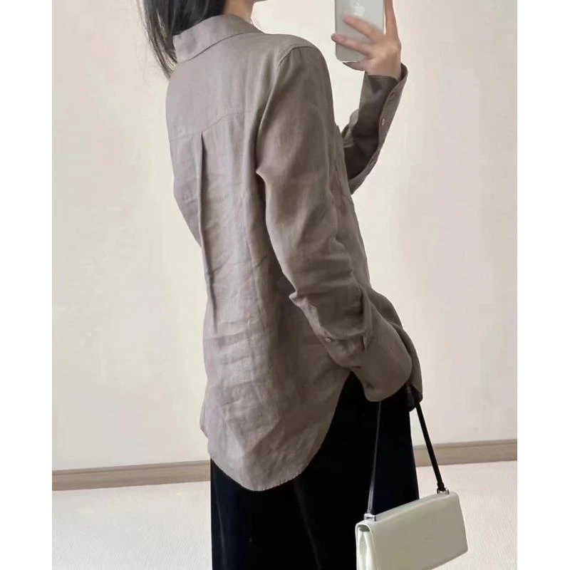 进口面料北欧风亚麻尖领衬衣衬衫女