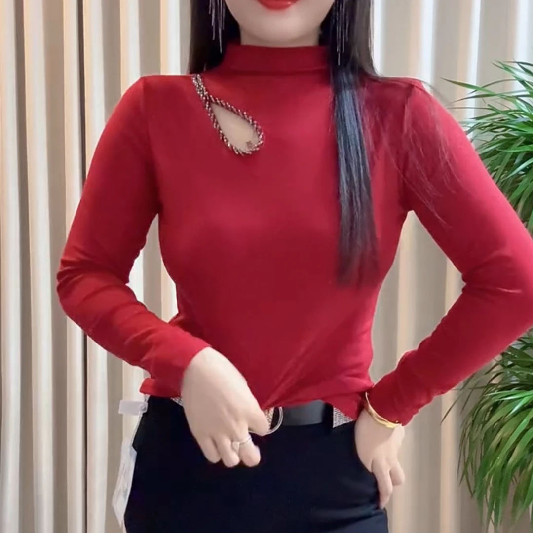 秋冬新款重工钉珠镂空半高领长袖打底衫女时尚保暖显瘦