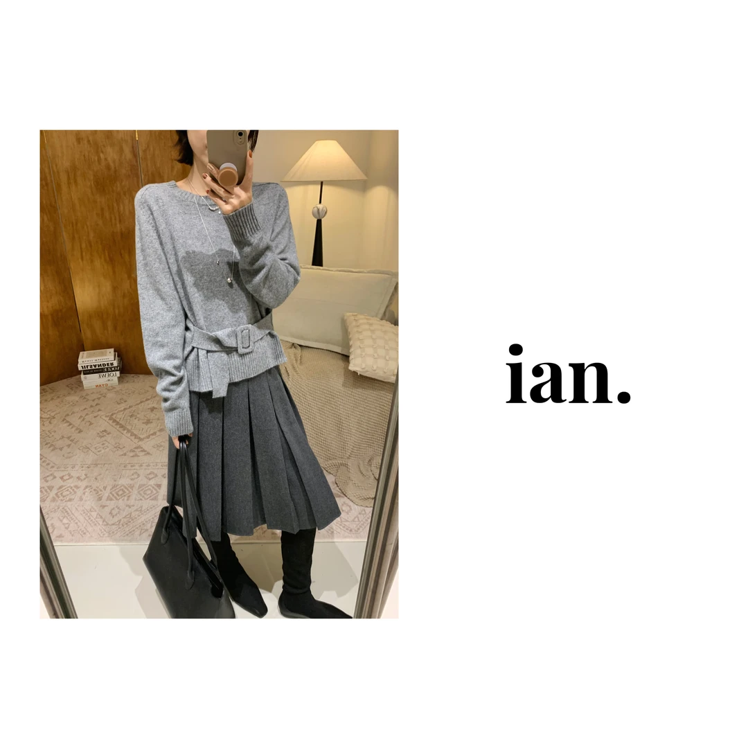 【ian】纸片人 100绵羊毛圆领收腰装饰套头羊毛衫