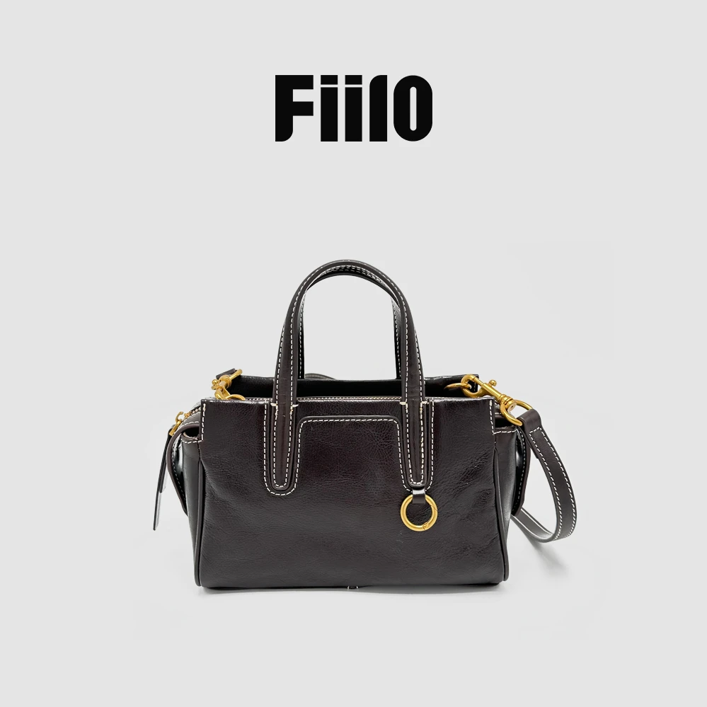 【Fiilo菲洛】Y27咖色经典小波士顿复古包植鞣牛皮女士手提斜挎包