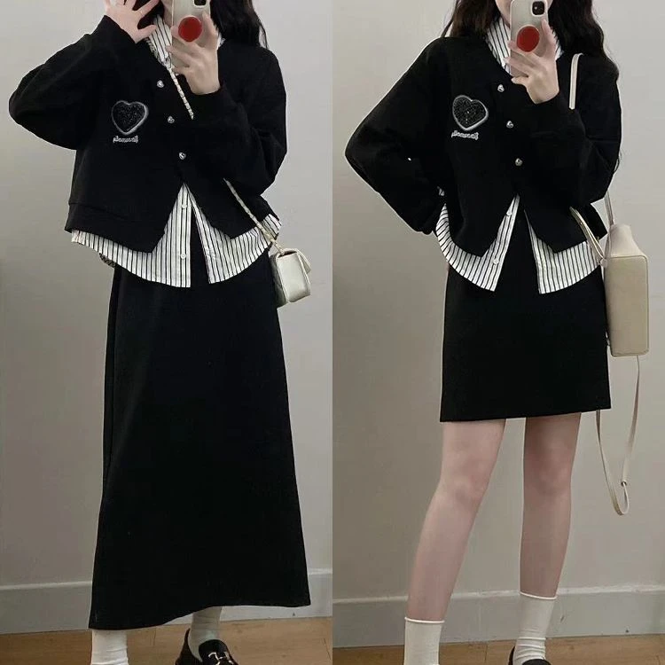 【6511】大码女装胖mm小香风长袖宽松假两件衬衣高腰半身裙时尚套装