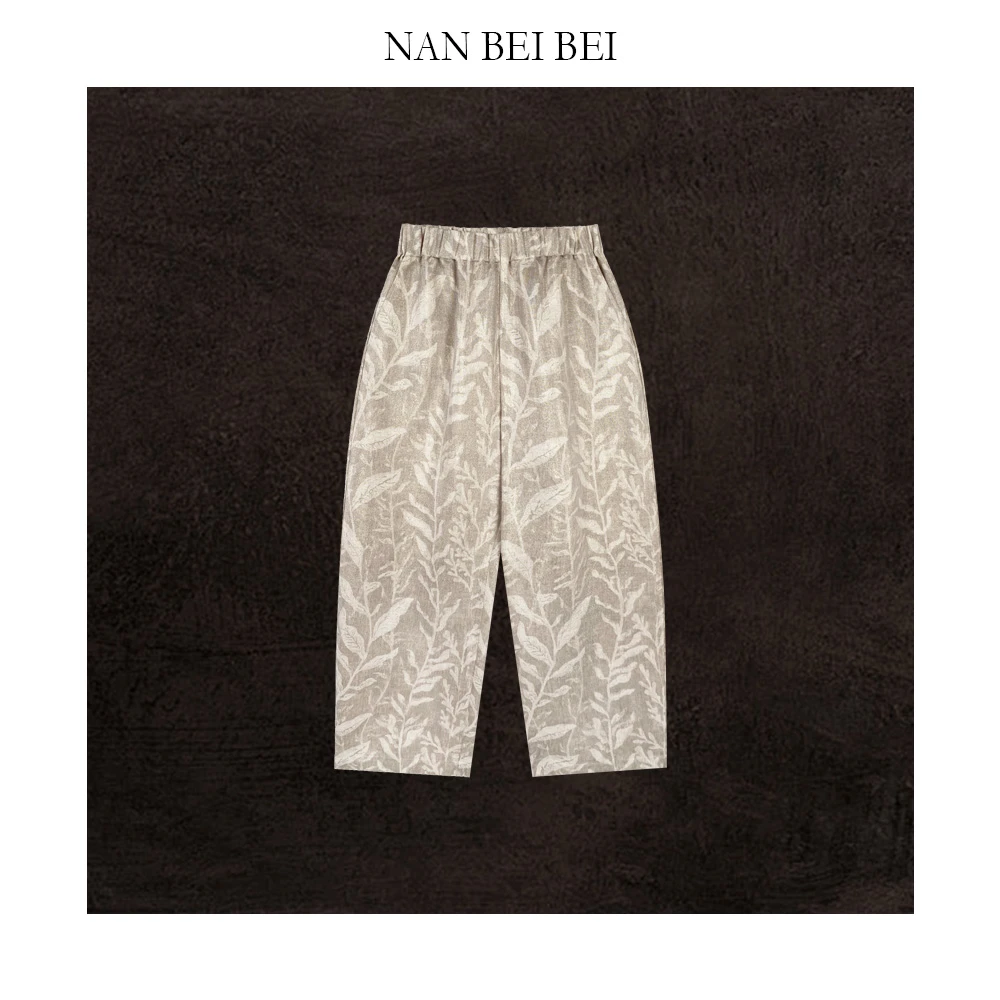 NanBeiBei ‘金丝麻裤’ 设计款印花宽松廓形松紧腰长裤 52-2112