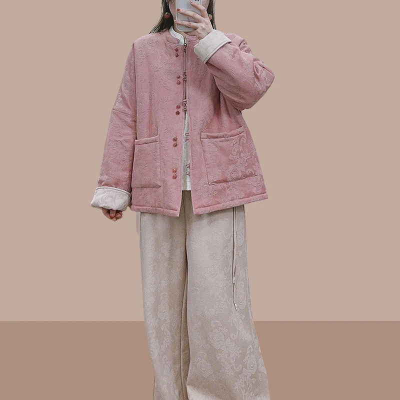 新中式拜年服冬季夹棉加厚保暖棉衣过年年服中国风提花棉服外套女