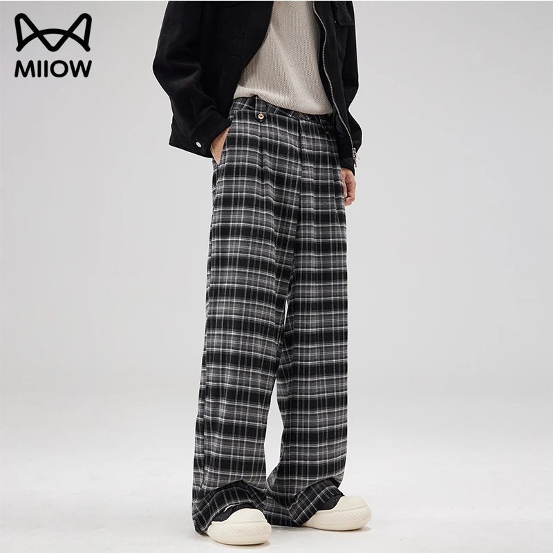 猫人高端秋季格子休闲裤男2025美式高街秋冬款宽松直筒拖地阔腿裤