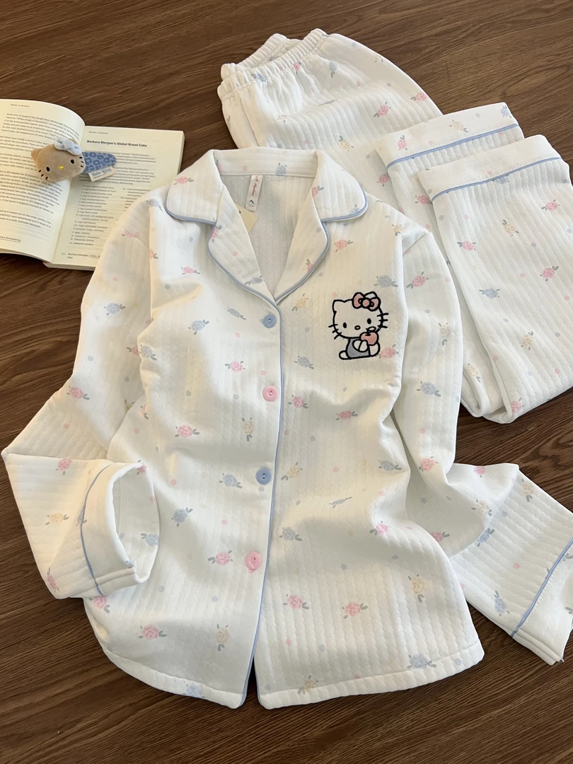 韩系软萌可爱凯蒂猫印花夹棉睡衣女冬季加厚保暖家居服套装可外穿