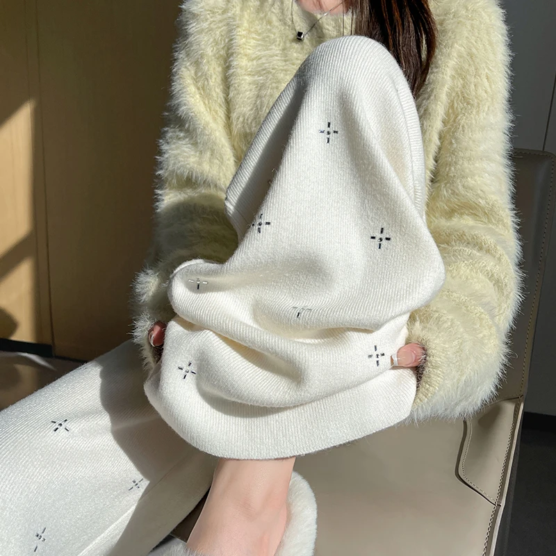 重工烫钻针织裤子女秋季新款高腰显瘦宽松窄版垂感直筒阔腿休闲裤