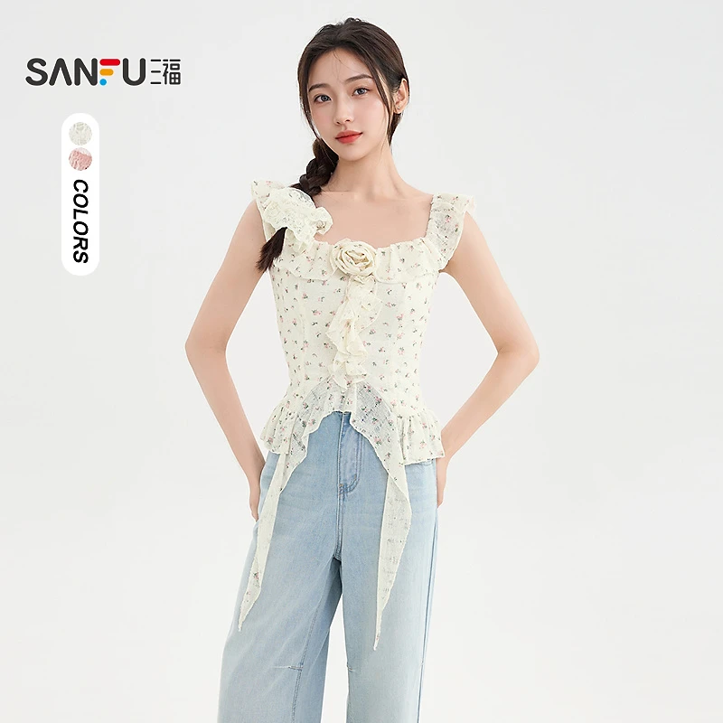 三福背心2025夏季立体花朵一字肩飘带碎花短上衣女装501553