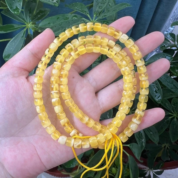 天然俄料金白聚宝琥珀蜜蜡6.8mm多圈项链21.9g 带证书