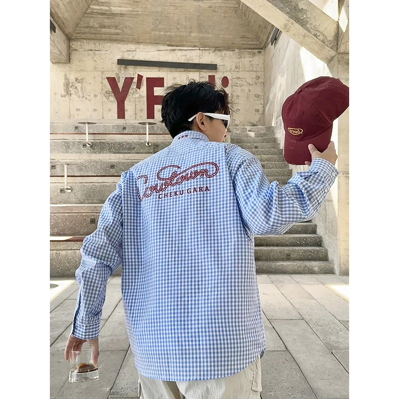 Cookawu2025春夏薄款牛仔主题撞色印花通勤蓝白格长袖衬衫