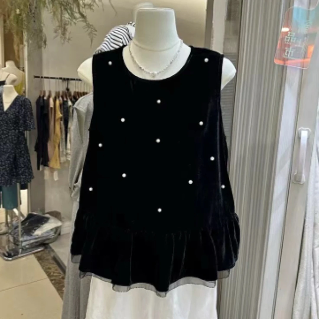 小迪家蔓延荷叶边下摆丝绒无袖背心钉珠蝴蝶结气质上衣25605