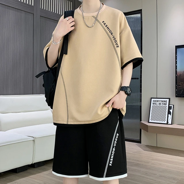 冰丝休闲运动套装男夏季薄款潮牌穿搭一套青少年短袖t恤搭配短裤