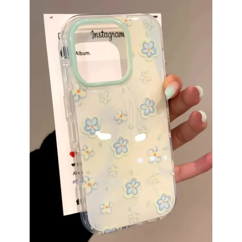 ins风韩系小蓝花适用iPhone16大孔15/14手机壳华为oppo小米15vivo
