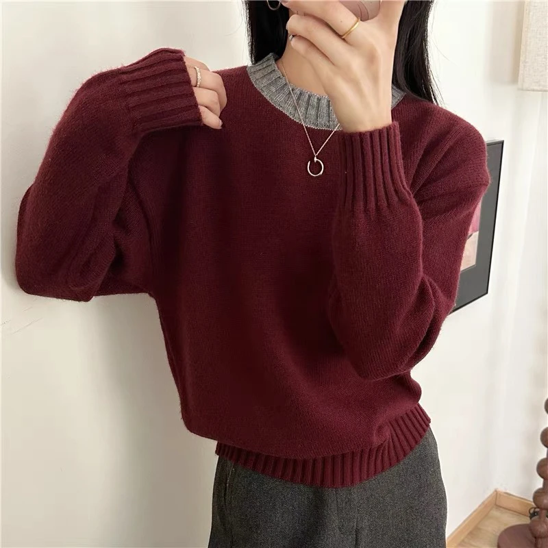 秋冬新款圆领针织打底衫女宽松洋气拼色加厚套头毛衣内搭外穿套头