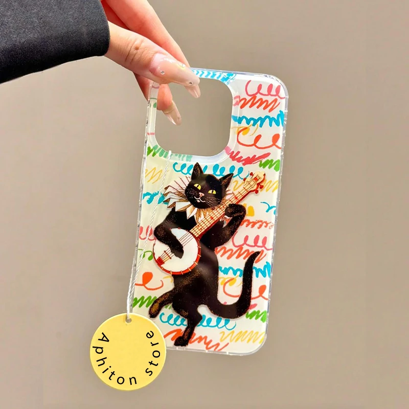 奥菲顿涂鸦琵琶黑猫适用iPhone16大孔手机壳华为vivo小米15oppo套