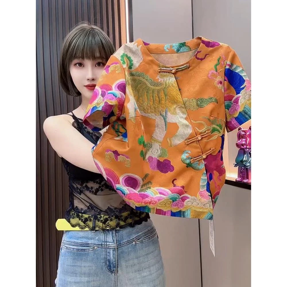 2025夏季新款女士时尚盘扣国风重工提花短袖T恤显瘦设计感上衣服