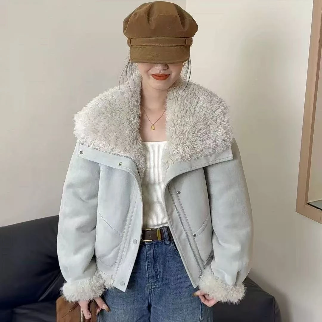 Y66053-2025秋冬设计感大翻领外套女冬季加厚氛围感毛毛外套