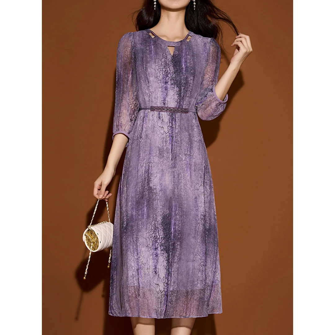 高端轻奢V领印花连衣裙女2025春夏新款宽松显瘦气质中长款裙子