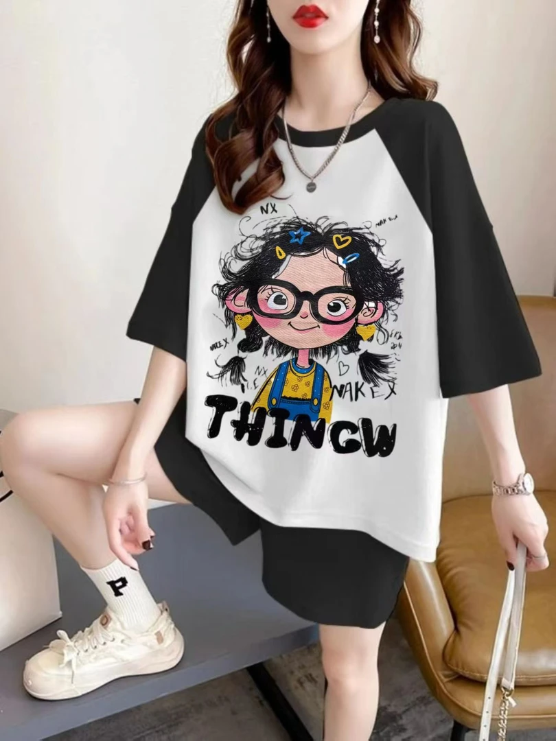 EG大码胖妹妹时尚运动休闲百搭印图眼睛女孩冰丝皱显瘦两件套002
