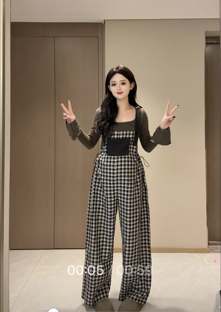 时尚孕妈春夏季针织打格子拼色孕妇连体背带裤显瘦百搭两件套套装